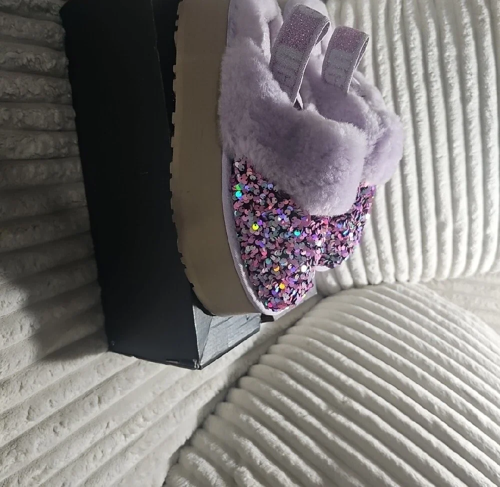 Womens Lavender Sequin Faux-Fur Slip-On Slippers